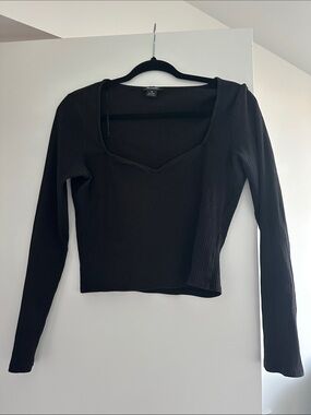 Monki Black Ribbed Long Sleeve Square Neck Top with Subtle Distressed Trim